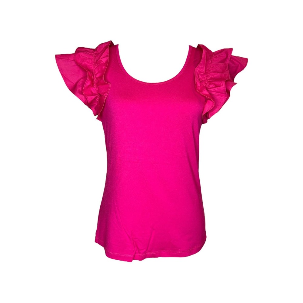 Patrizia Luca Women's Ruffle Sleeve Top Size M Fuchsia Pink Scoop Neck NWT